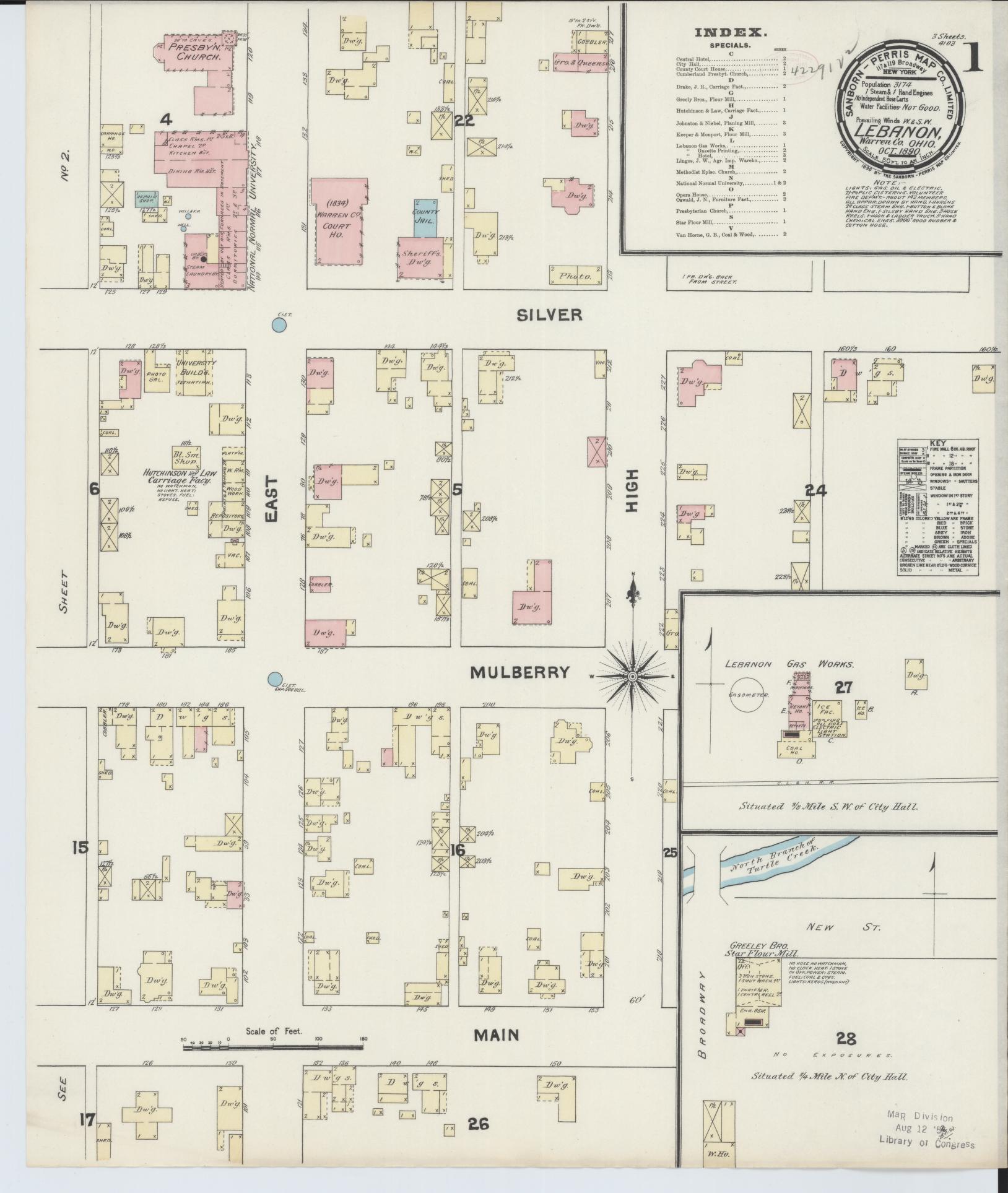 Sanborn Fire Insurance Map from Lebanon, Warren County, Ohio (1890), Sheet #0001 - Complete Map Set gallery image, historic Sanborn map, vintage wall art, Ohio Ohio