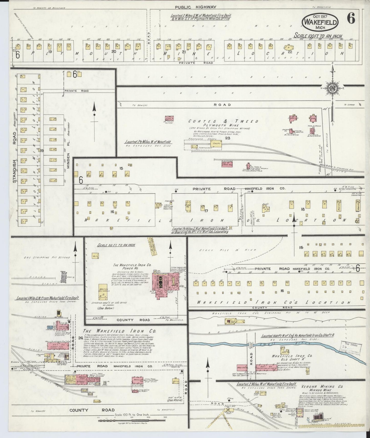 Sanborn Fire Insurance Map from Wakefield, Gogebic County, Michigan (1917), Sheet #0006 - Historic Sanborn Fire Insurance Map Print, vintage old map wall art, antique decor, genealogy gift, Michigan Michigan map