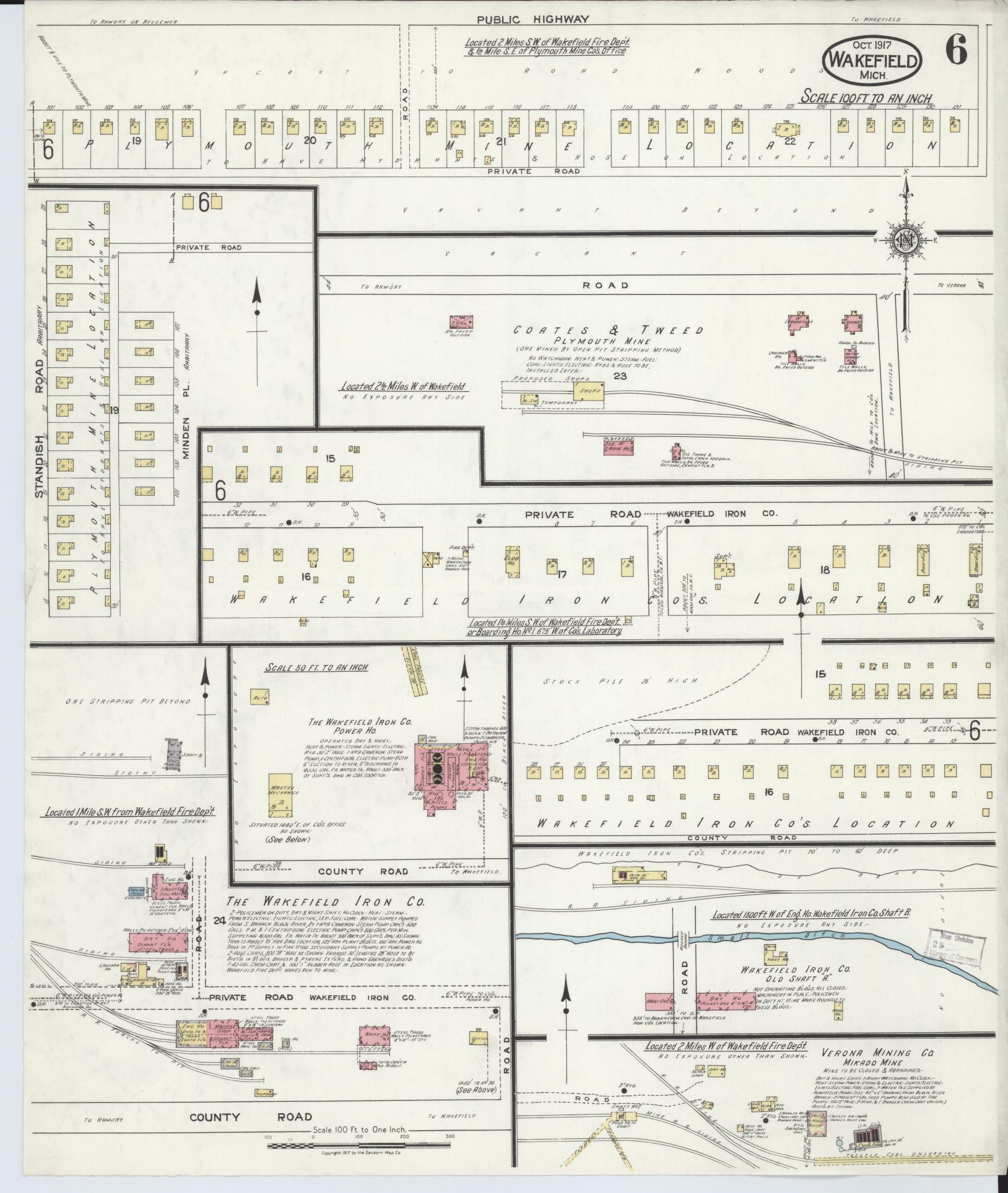 Sanborn Fire Insurance Map from Wakefield, Gogebic County, Michigan (1917), Sheet #0006 - Historic Sanborn Fire Insurance Map Print, vintage old map wall art, antique decor, genealogy gift, Michigan Michigan map