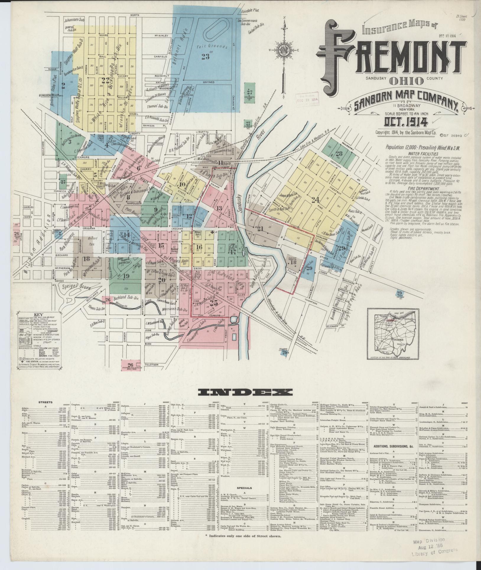 Sanborn Fire Insurance Map from Fremont, Sandusky County, Ohio (1914), Sheet #0001 - Historic Sanborn Fire Insurance Map Print, vintage old map wall art, antique decor, genealogy gift, Ohio Ohio map