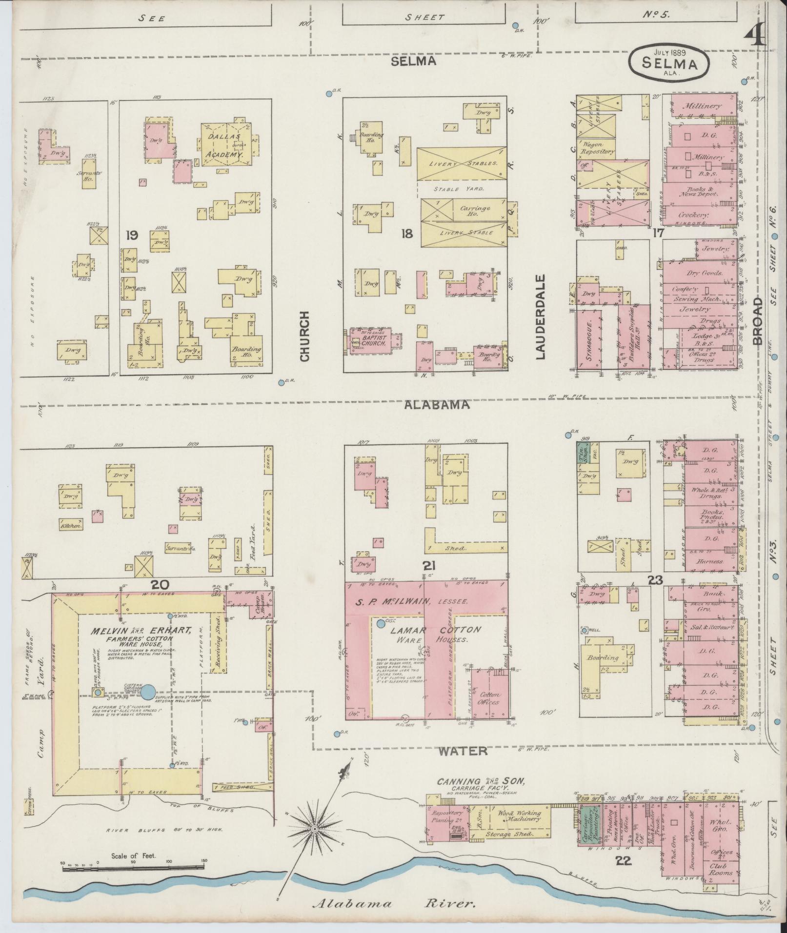 Sanborn Fire Insurance Map from Selma, Dallas County, Alabama (1889), Sheet #0004 - Historic Sanborn Fire Insurance Map Print, vintage old map wall art, antique decor, genealogy gift, Alabama Alabama map