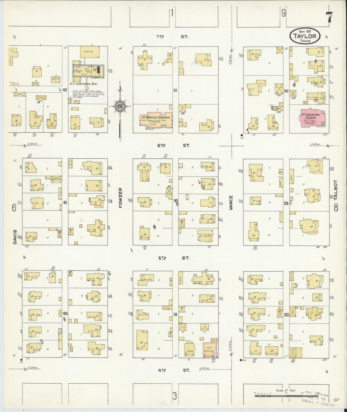 Sanborn Fire Insurance Map from Taylor, Williamson County, Texas (1912), Sheet #0007 - Historic Sanborn Fire Insurance Map Print, vintage old map wall art, antique decor, genealogy gift, Texas Texas map