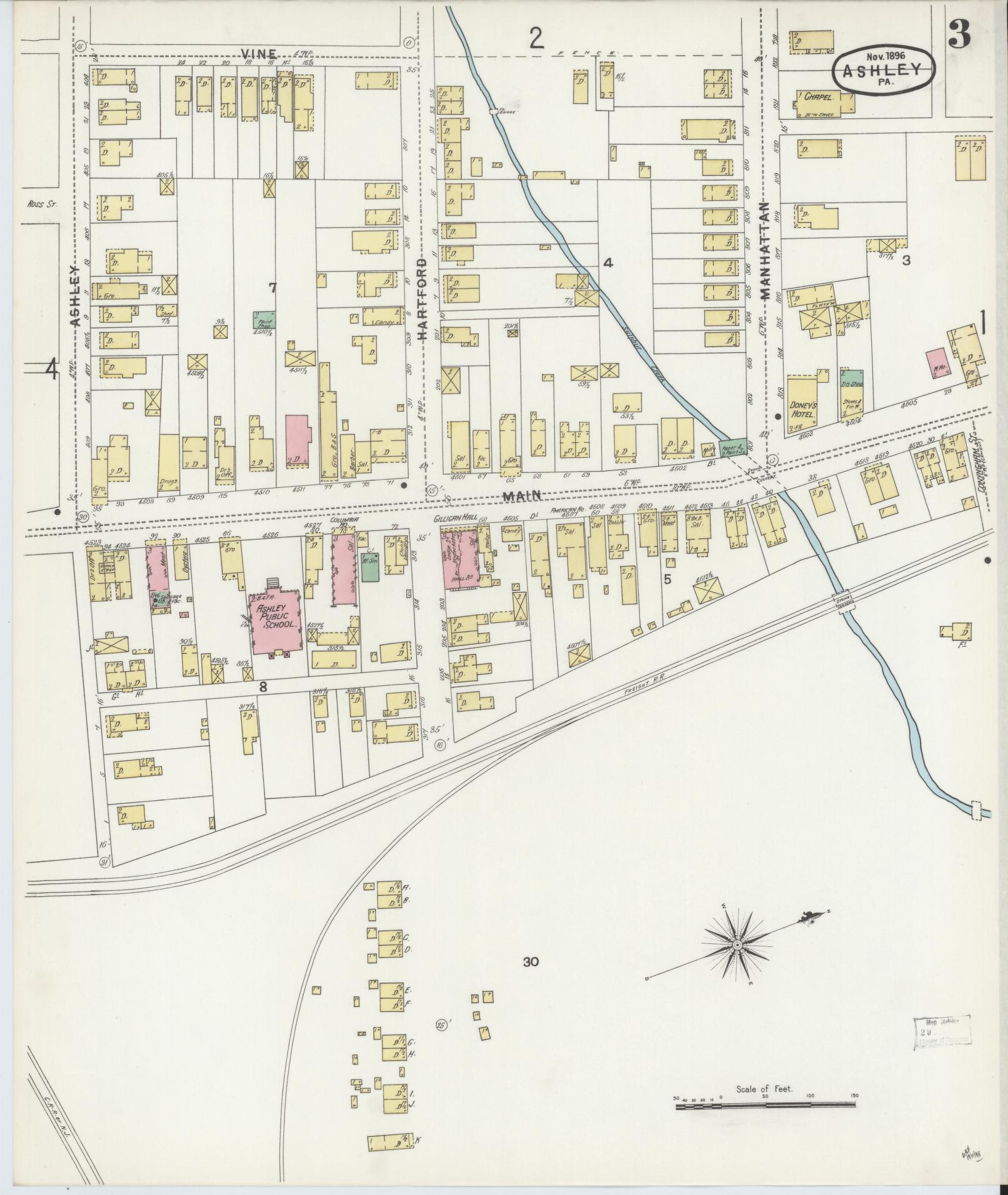 Sanborn Fire Insurance Map from Ashley, Luzerne County, Pennsylvania (1896), Sheet #0003 - Historic Sanborn Fire Insurance Map Print, vintage old map wall art, antique decor, genealogy gift, Pennsylvania Pennsylvania map