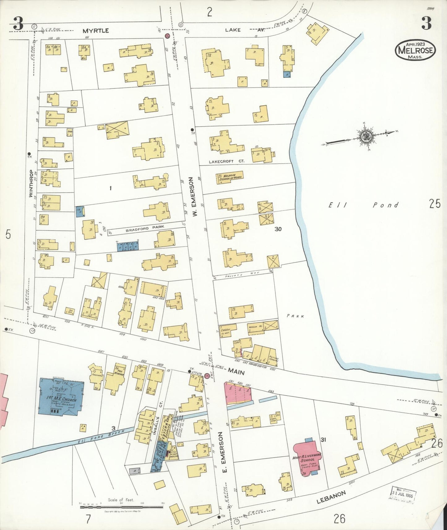 Sanborn Fire Insurance Map from Melrose, Middlesex County, Massachusetts (1923), Sheet #0003 - Historic Sanborn Fire Insurance Map Print, vintage old map wall art, antique decor, genealogy gift, Massachusetts Massachusetts map