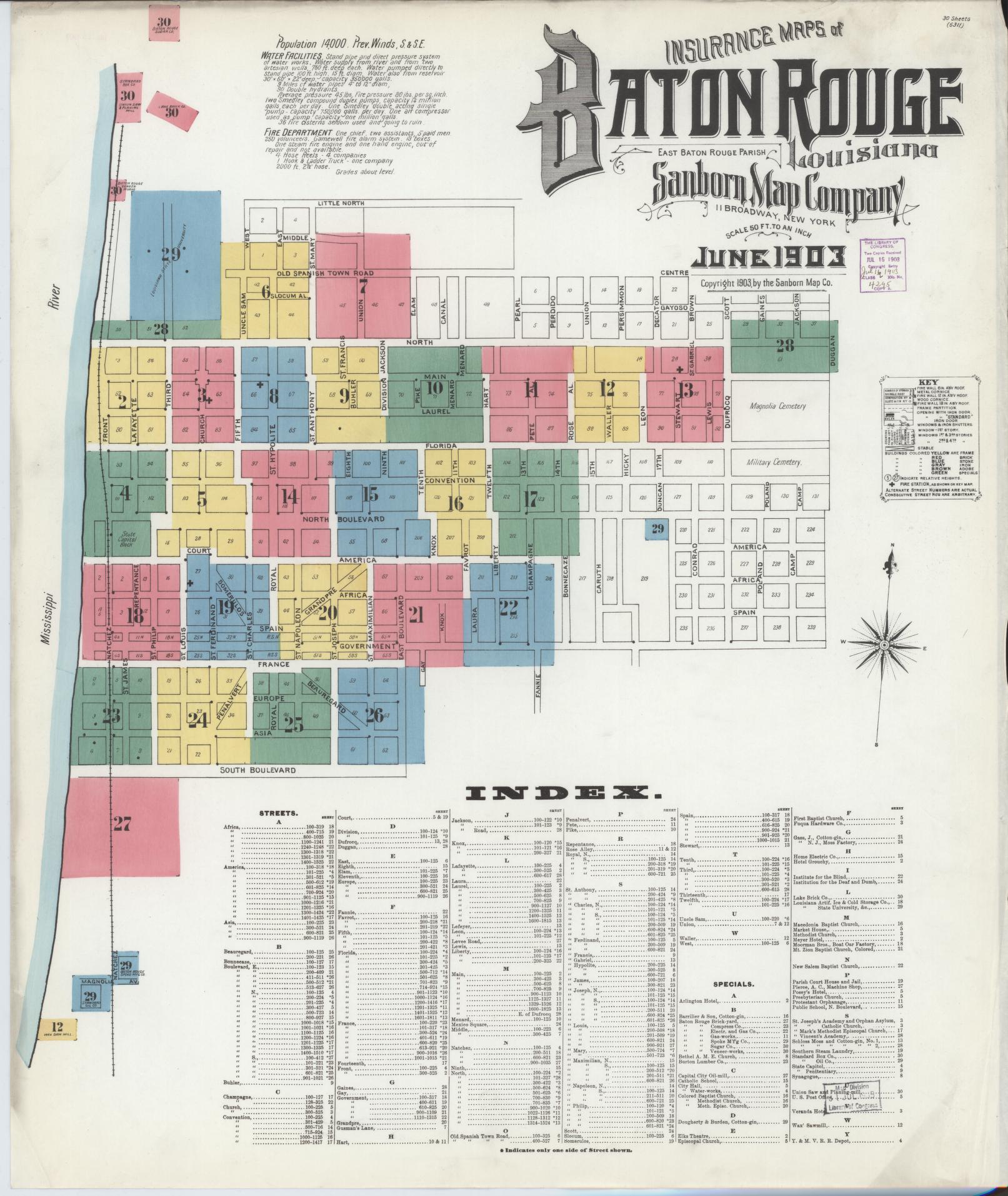 Sanborn Fire Insurance Map from Baton Rouge, East Baton Rouge Parish, Louisiana (1903), Sheet #0001 - Complete Map Set gallery image, historic Sanborn map, vintage wall art, Louisiana Louisiana