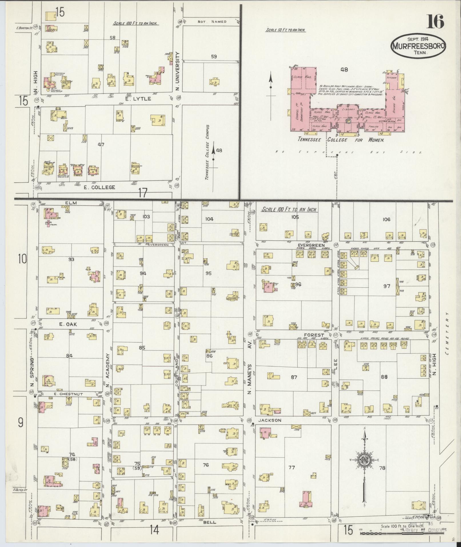 Sanborn Fire Insurance Map from Murfreesboro, Rutherford County, Tennessee (1914), Sheet #0016 - Historic Sanborn Fire Insurance Map Print, vintage old map wall art, antique decor, genealogy gift, Tennessee Tennessee map