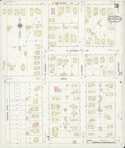 Sanborn Fire Insurance Map from Jacksonville, Morgan County, Illinois (1914), Sheet #0021 - Historic Sanborn Fire Insurance Map Print, vintage old map wall art, antique decor, genealogy gift, Illinois Illinois map