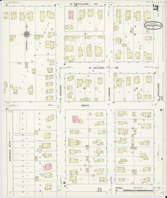 Sanborn Fire Insurance Map from Jacksonville, Morgan County, Illinois (1914), Sheet #0021 - Historic Sanborn Fire Insurance Map Print, vintage old map wall art, antique decor, genealogy gift, Illinois Illinois map