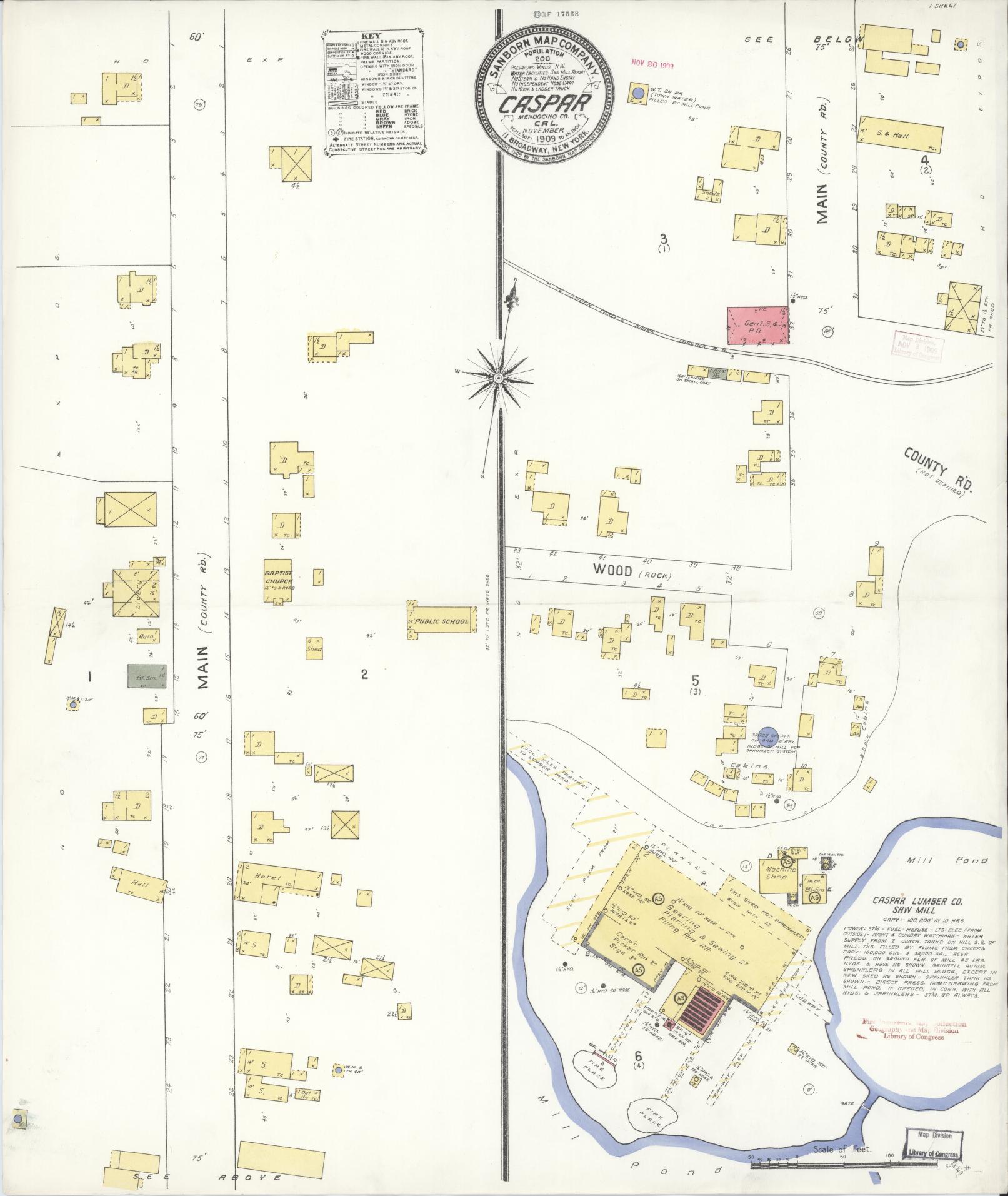 Sanborn Fire Insurance Map from Caspar, Mendocino County, California (1909), Sheet #0001 - Historic Sanborn Fire Insurance Map Print, vintage old map wall art, antique decor, genealogy gift, California California map