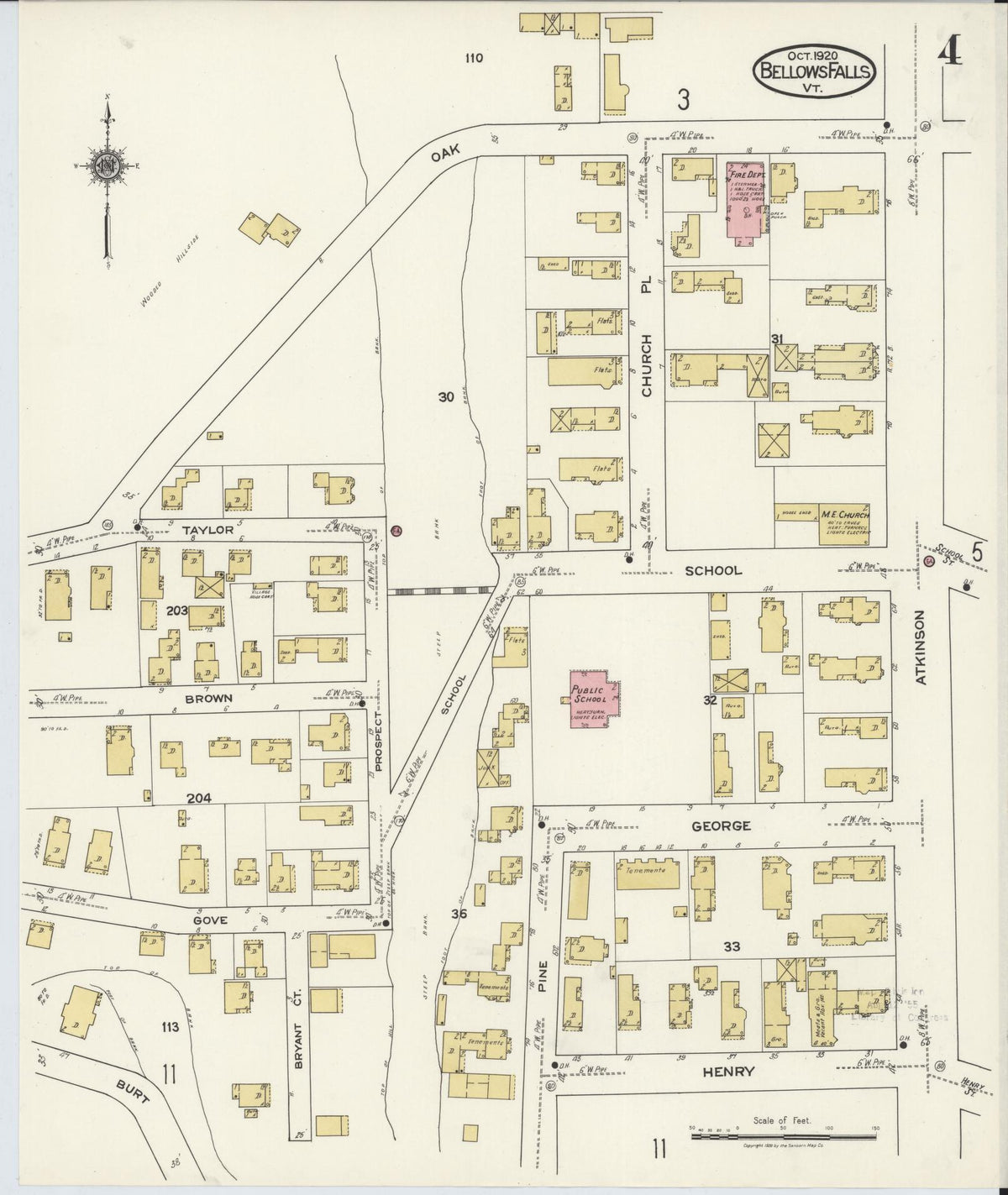 Sanborn Fire Insurance Map from Bellows Falls, Windham County, Vermont (1920), Sheet #0004 - Historic Sanborn Fire Insurance Map Print, vintage old map wall art, antique decor, genealogy gift, Vermont Vermont map