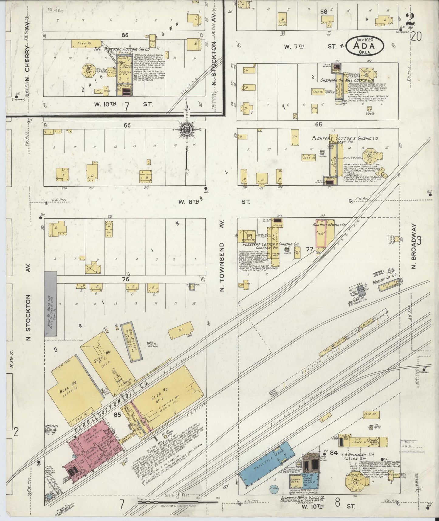 Sanborn Fire Insurance Map from Ada, Pontotoc County, Oklahoma (1920), Sheet #0002 - Historic Sanborn Fire Insurance Map Print, vintage old map wall art, antique decor, genealogy gift, Oklahoma Oklahoma map