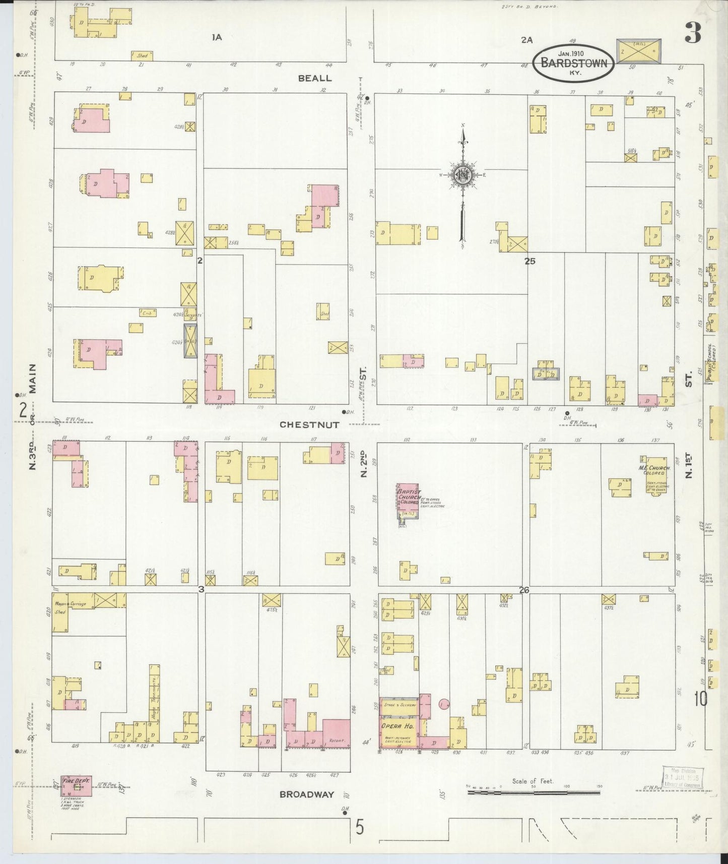 Sanborn Fire Insurance Map from Bardstown, Nelson County, Kentucky (1910), Sheet #0003 - Complete Map Set gallery image, historic Sanborn map, vintage wall art, Kentucky Kentucky