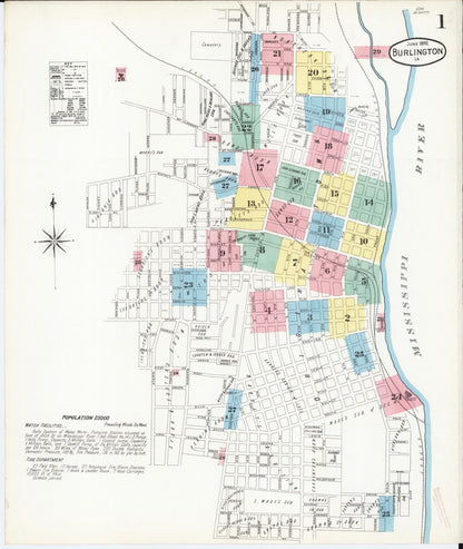 Sanborn Fire Insurance Map from Burlington, Des Moines County, Iowa (1892), Sheet #0001 - Historic Sanborn Fire Insurance Map Print