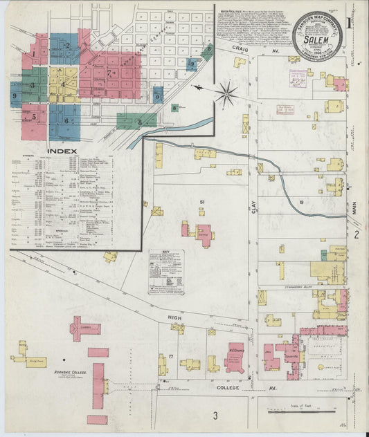 Sanborn Fire Insurance Map from Salem, Independent Cities, Virginia (1908), Sheet #0001 - Complete Map Set gallery image, historic Sanborn map, vintage wall art, Virginia Virginia