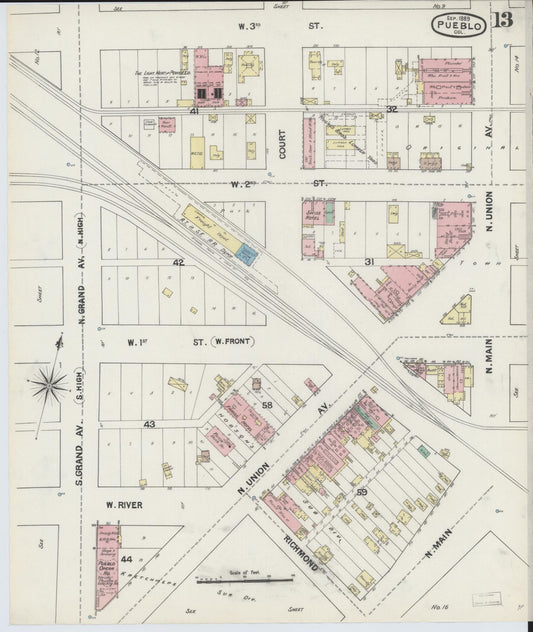 Sanborn Fire Insurance Map from Pueblo, Pueblo County, Colorado (1889), Sheet #0013 - Historic Sanborn Fire Insurance Map Print, vintage old map wall art, antique decor, genealogy gift, Colorado Colorado map