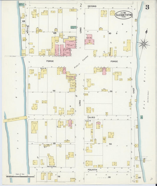 Sanborn Fire Insurance Map from Elizabethton, Carter County, Tennessee (1908), Sheet #0003 - Historic Sanborn Fire Insurance Map Print, vintage old map wall art, antique decor, genealogy gift, Tennessee Tennessee map