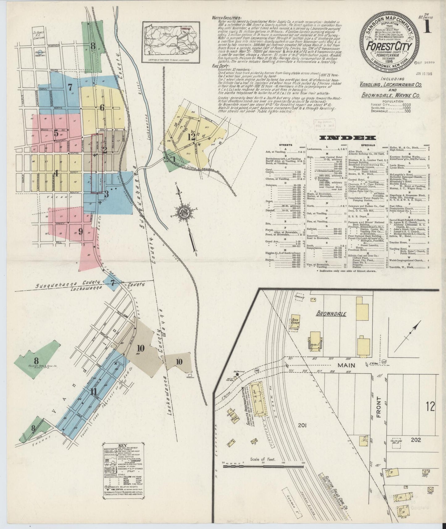 Sanborn Fire Insurance Map from Forest City, Susquehanna County, Pennsylvania (1914), Sheet #0001 - Historic Sanborn Fire Insurance Map Print, vintage old map wall art, antique decor, genealogy gift, Pennsylvania Pennsylvania map