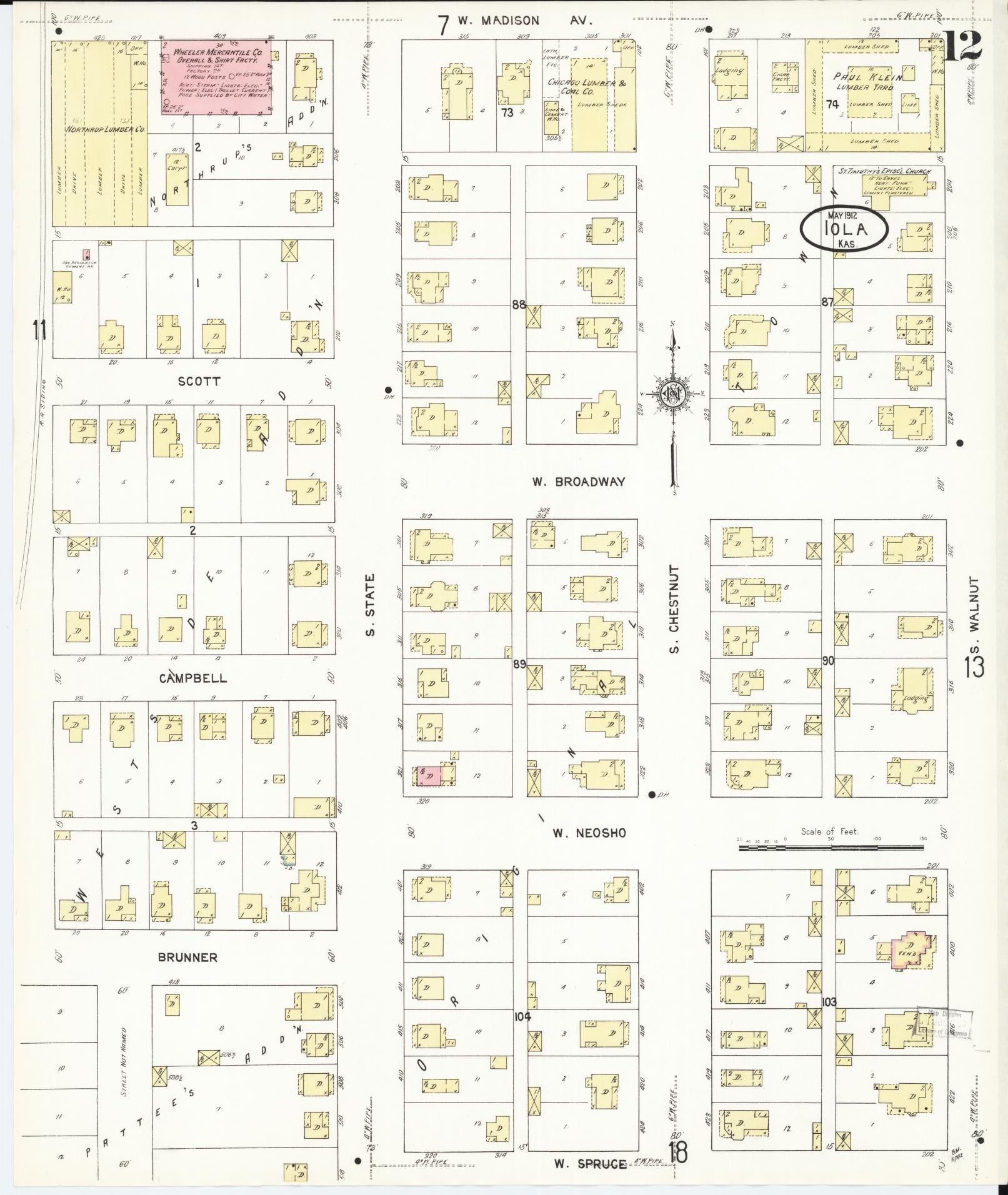 Sanborn Fire Insurance Map from Iola, Allen County, Kansas (1912), Sheet #0012 - Historic Sanborn Fire Insurance Map Print, vintage old map wall art, antique decor, genealogy gift, Kansas Kansas map