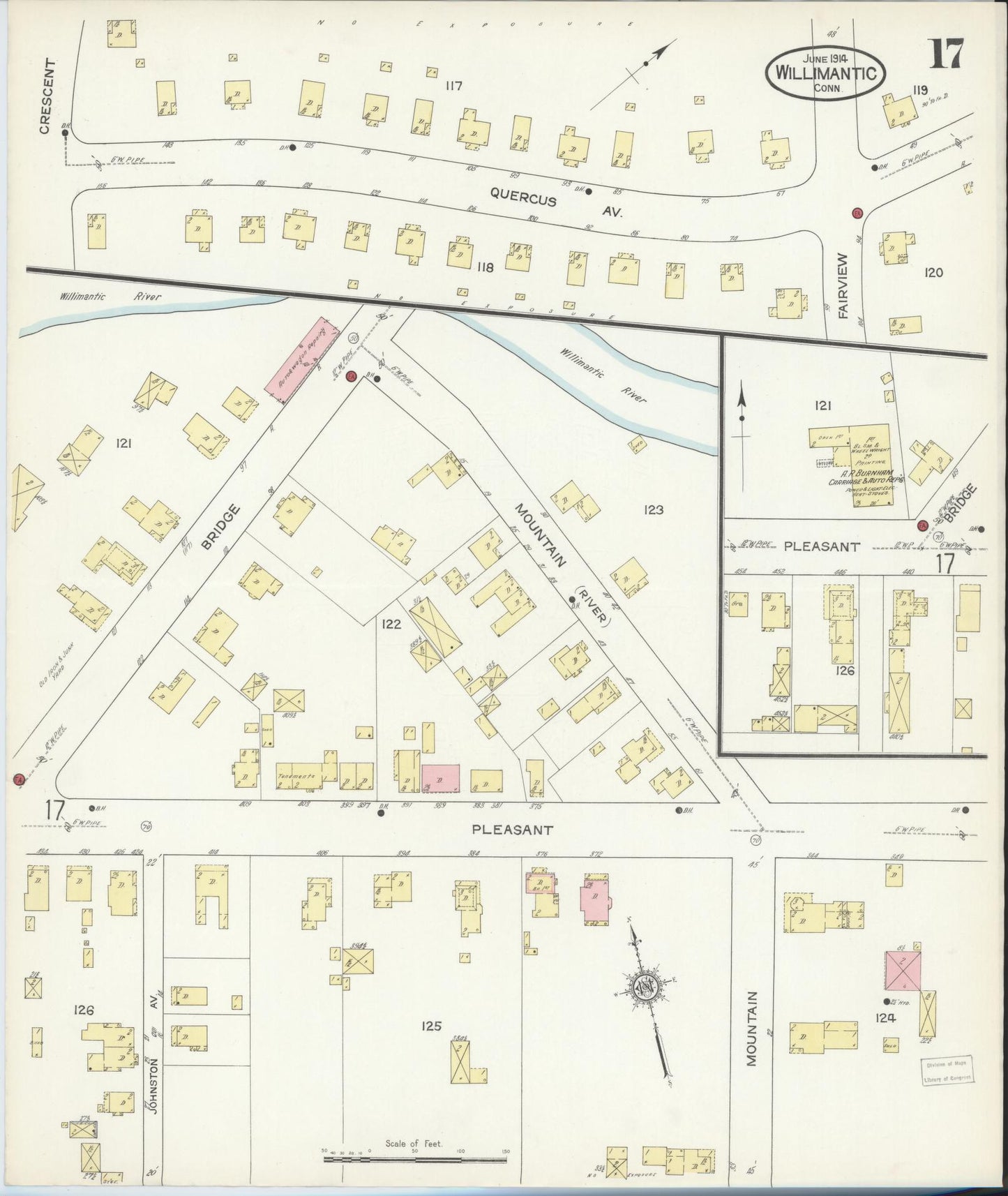 Sanborn Fire Insurance Map from Willimantic, Windham County, Connecticut (1914), Sheet #0017 - Historic Sanborn Fire Insurance Map Print, vintage old map wall art, antique decor, genealogy gift, Connecticut Connecticut map