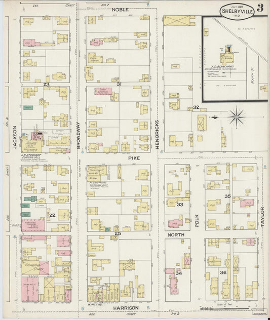 Sanborn Fire Insurance Map from Shelbyville, Shelby County, Indiana (1887), Sheet #0003 - Historic Sanborn Fire Insurance Map Print, vintage old map wall art, antique decor, genealogy gift, Indiana Indiana map