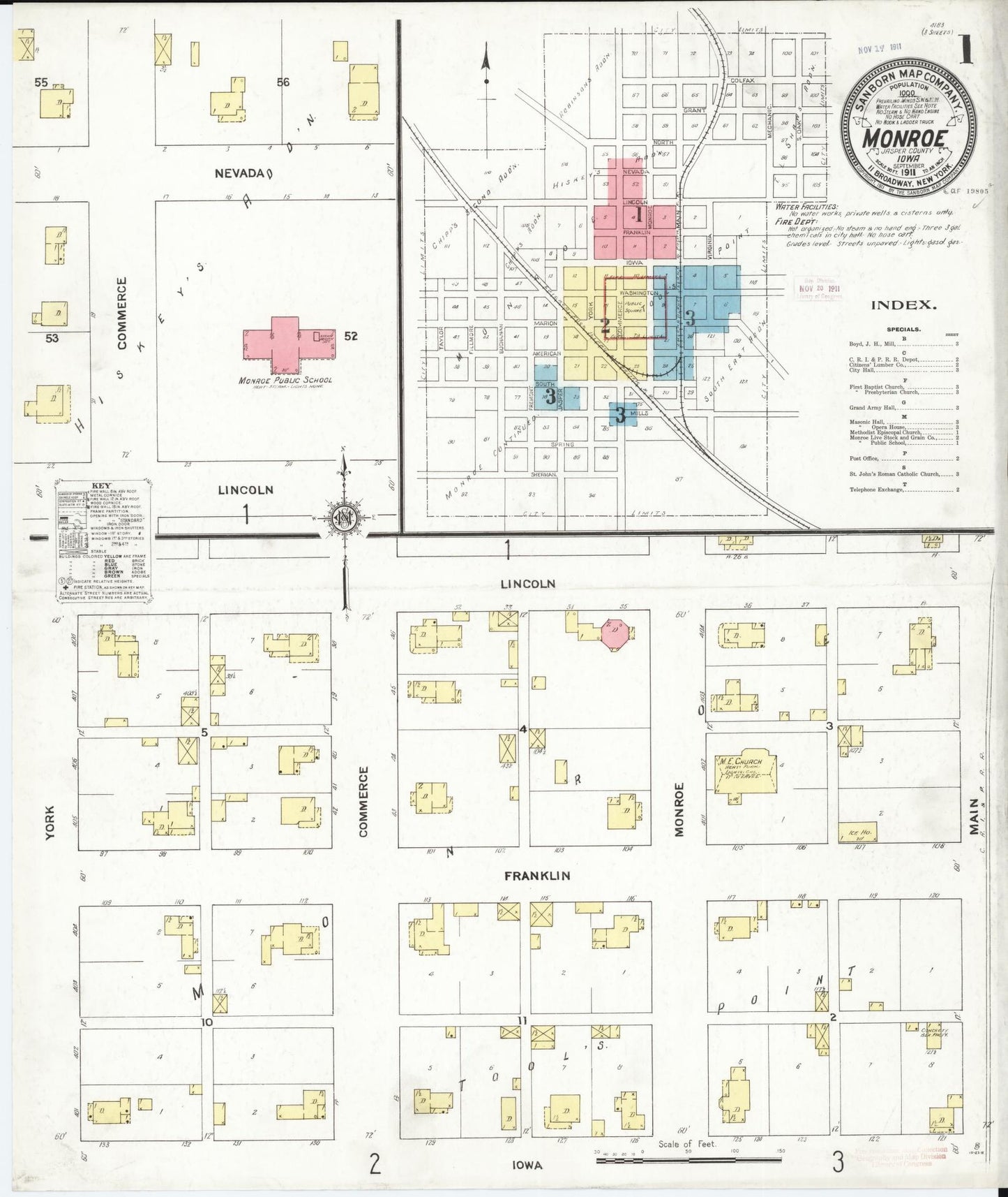 Sanborn Fire Insurance Map from Monroe, Jasper County, Iowa (1911), Sheet #0001 - Historic Sanborn Fire Insurance Map Print, vintage old map wall art