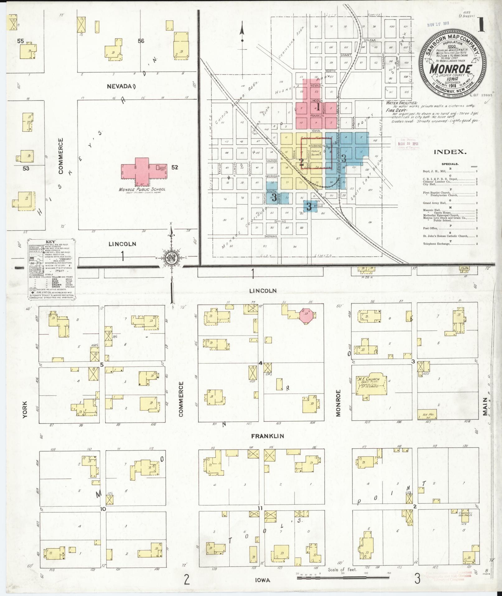 Sanborn Fire Insurance Map from Monroe, Jasper County, Iowa (1911), Sheet #0001 - Historic Sanborn Fire Insurance Map Print, vintage old map wall art
