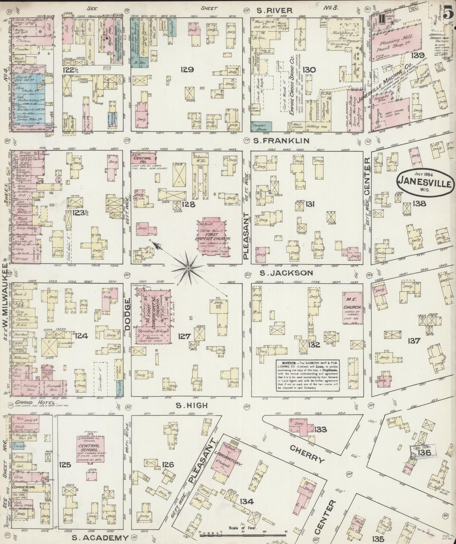 Sanborn Fire Insurance Map from Janesville, Rock County, Wisconsin (1884), Sheet #0005 - Historic Sanborn Fire Insurance Map Print, vintage old map wall art, antique decor, genealogy gift, Wisconsin Wisconsin map