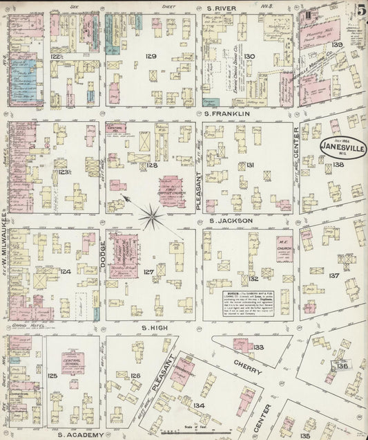 Sanborn Fire Insurance Map from Janesville, Rock County, Wisconsin (1884), Sheet #0005 - Historic Sanborn Fire Insurance Map Print, vintage old map wall art, antique decor, genealogy gift, Wisconsin Wisconsin map
