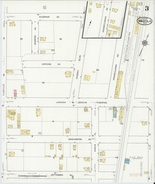 Sanborn Fire Insurance Map from Mineola, Nassau County, New York (1917), Sheet #0003 - Historic Sanborn Fire Insurance Map Print, vintage old map wall art, antique decor, genealogy gift, New York New York map