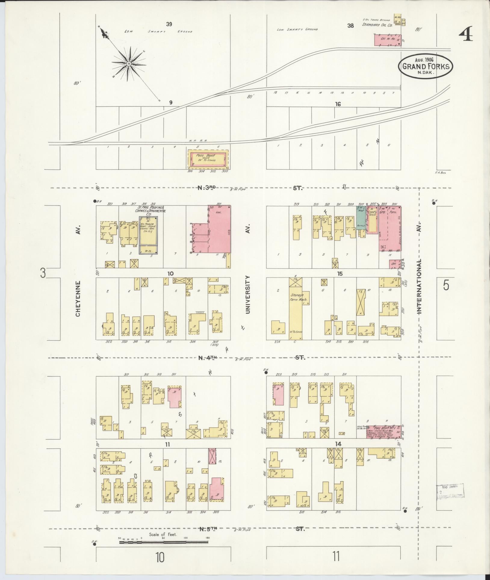Sanborn Fire Insurance Map from Grand Forks, Grand Forks County, North Dakota (1906), Sheet #0004 - Historic Sanborn Fire Insurance Map Print, vintage old map wall art, antique decor, genealogy gift, North Dakota North Dakota map