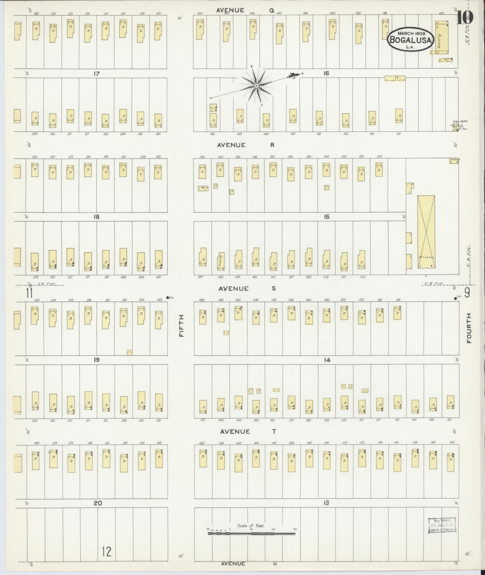 Sanborn Fire Insurance Map from Bogalusa, Washington Parish, Louisiana (1908), Sheet #0010 - Historic Sanborn Fire Insurance Map Print, vintage old map wall art, antique decor, genealogy gift, Louisiana Louisiana map