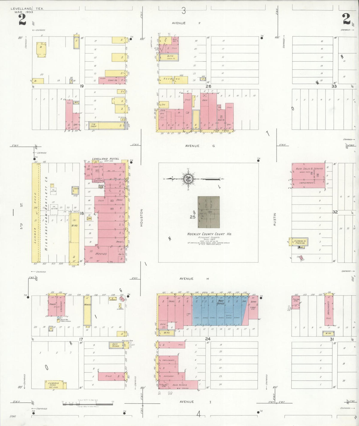 Sanborn Fire Insurance Map from Levelland, Hockley County, Texas (1933), Sheet #0002 - Historic Sanborn Fire Insurance Map Print, vintage old map wall art, antique decor, genealogy gift, Texas Texas map
