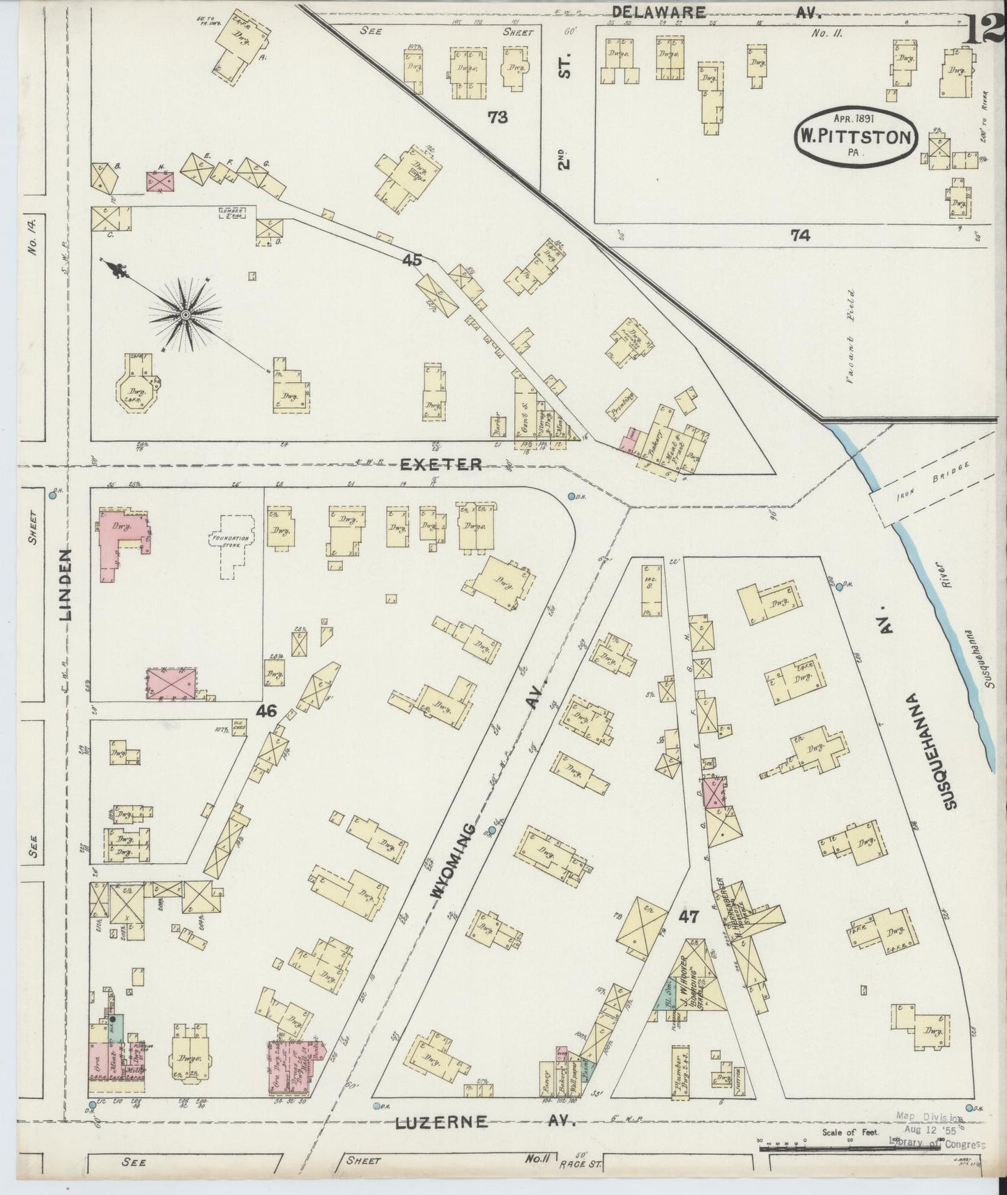Sanborn Fire Insurance Map from Pittston, Luzerne County, Pennsylvania (1891), Sheet #0012 - Complete Map Set gallery image, historic Sanborn map, vintage wall art, Pennsylvania Pennsylvania