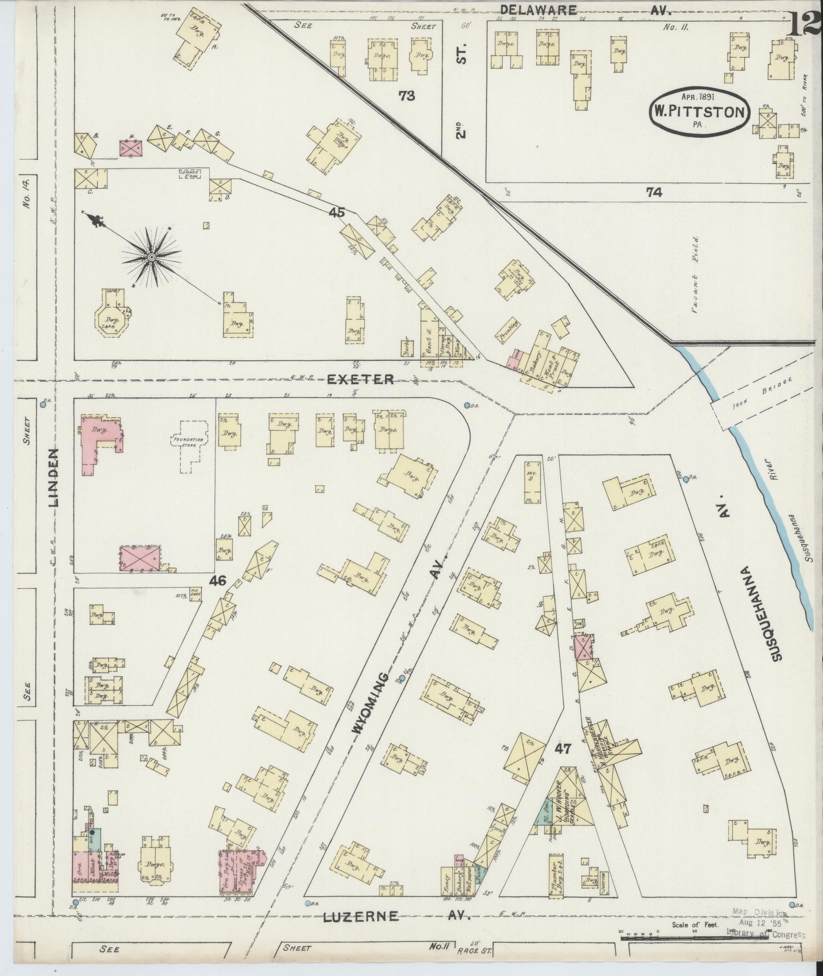 Sanborn Fire Insurance Map from Pittston, Luzerne County, Pennsylvania (1891), Sheet #0012 - Complete Map Set gallery image, historic Sanborn map, vintage wall art, Pennsylvania Pennsylvania