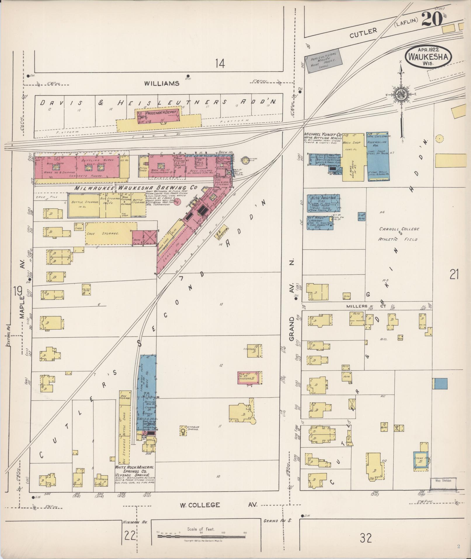 Sanborn Fire Insurance Map from Waukesha, Waukesha County, Wisconsin (1922), Sheet #0020 - Historic Sanborn Fire Insurance Map Print, vintage old map wall art, antique decor, genealogy gift, Wisconsin Wisconsin map
