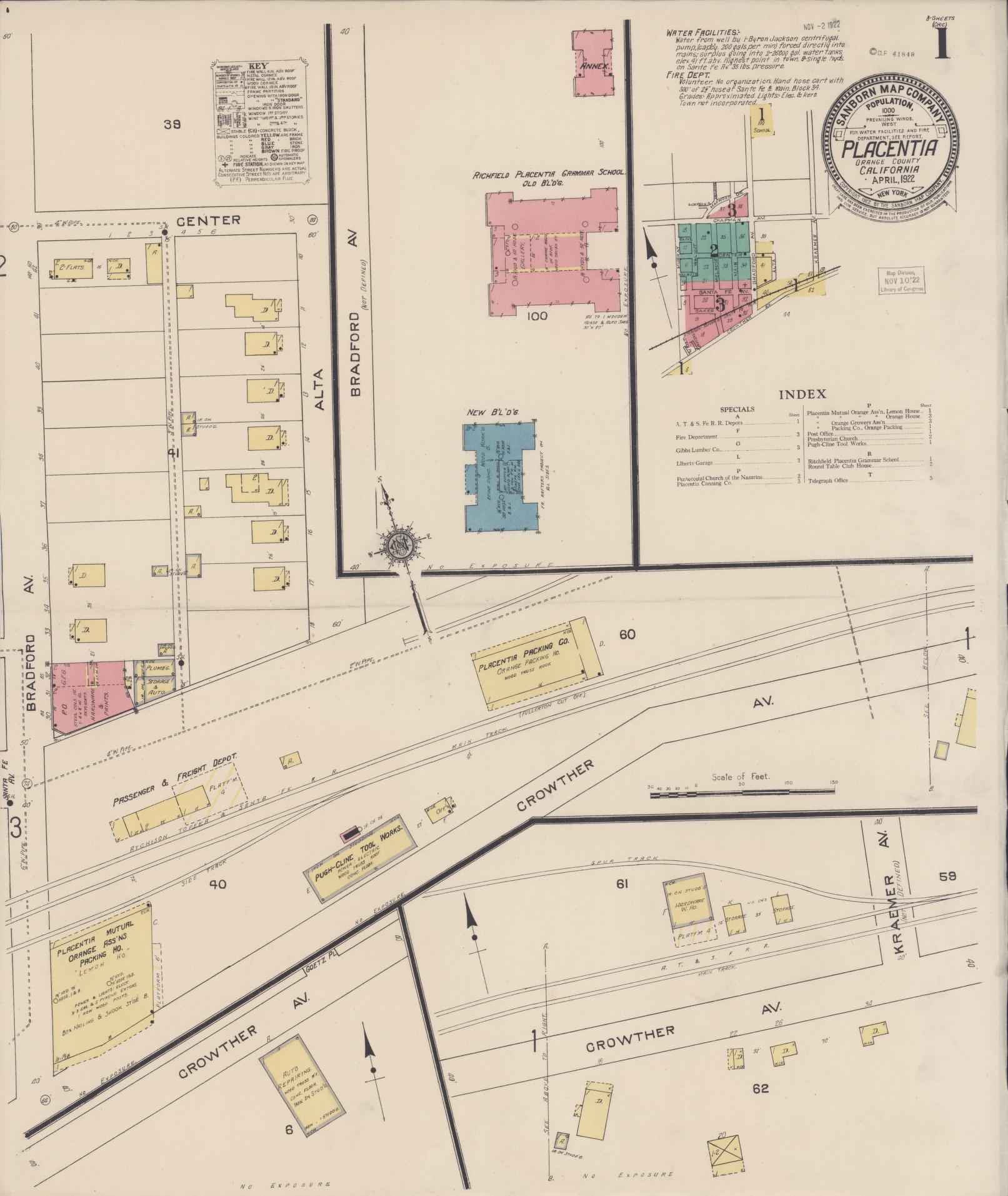 Sanborn Fire Insurance Map from Placentia, Orange County, California (1922), Sheet #0001 - Complete Map Set gallery image, historic Sanborn map, vintage wall art, California California