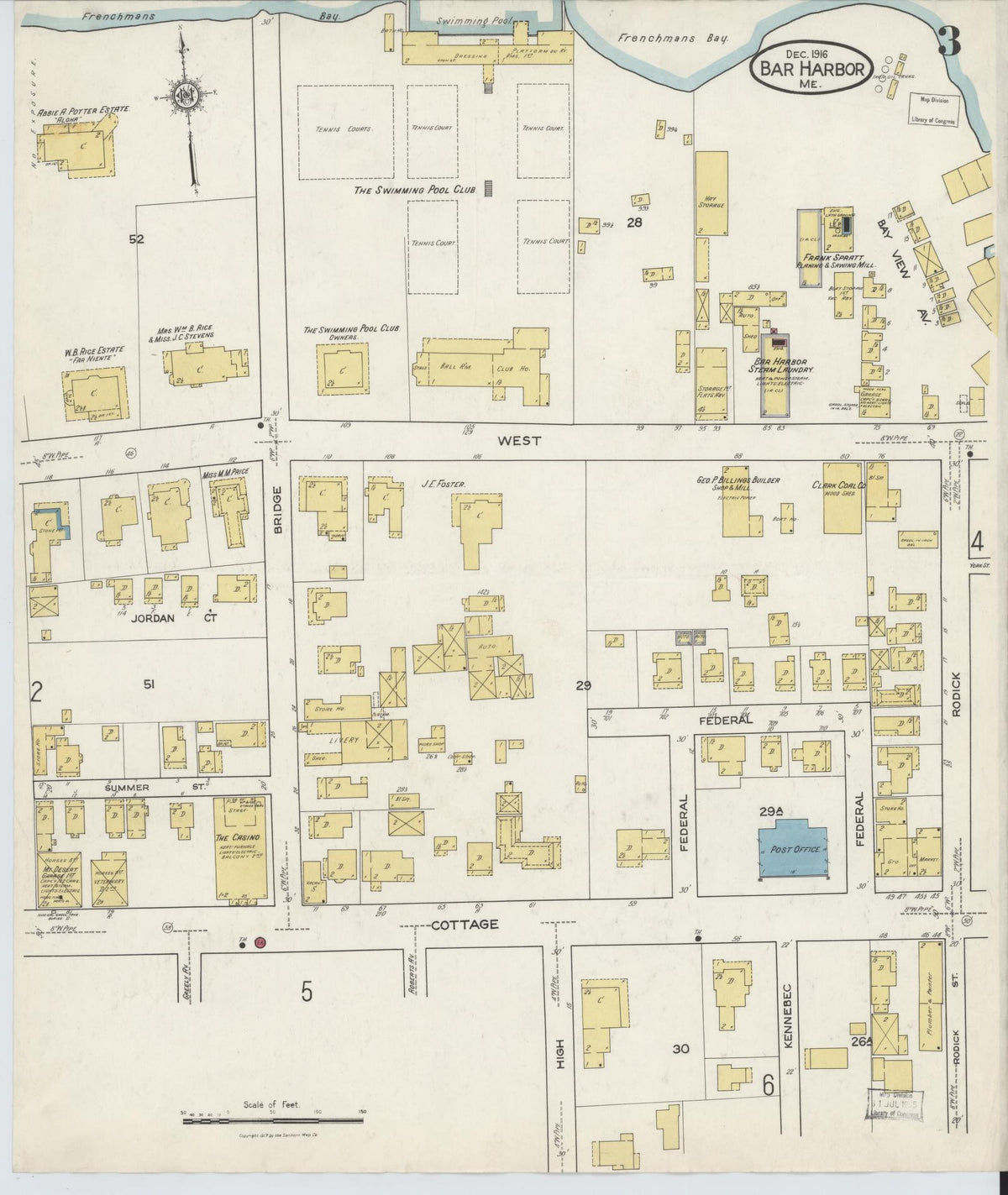 Sanborn Fire Insurance Map from Bar Harbor, Hancock County, Maine (1916), Sheet #0003 - Complete Map Set gallery image, historic Sanborn map, vintage wall art, Maine Maine