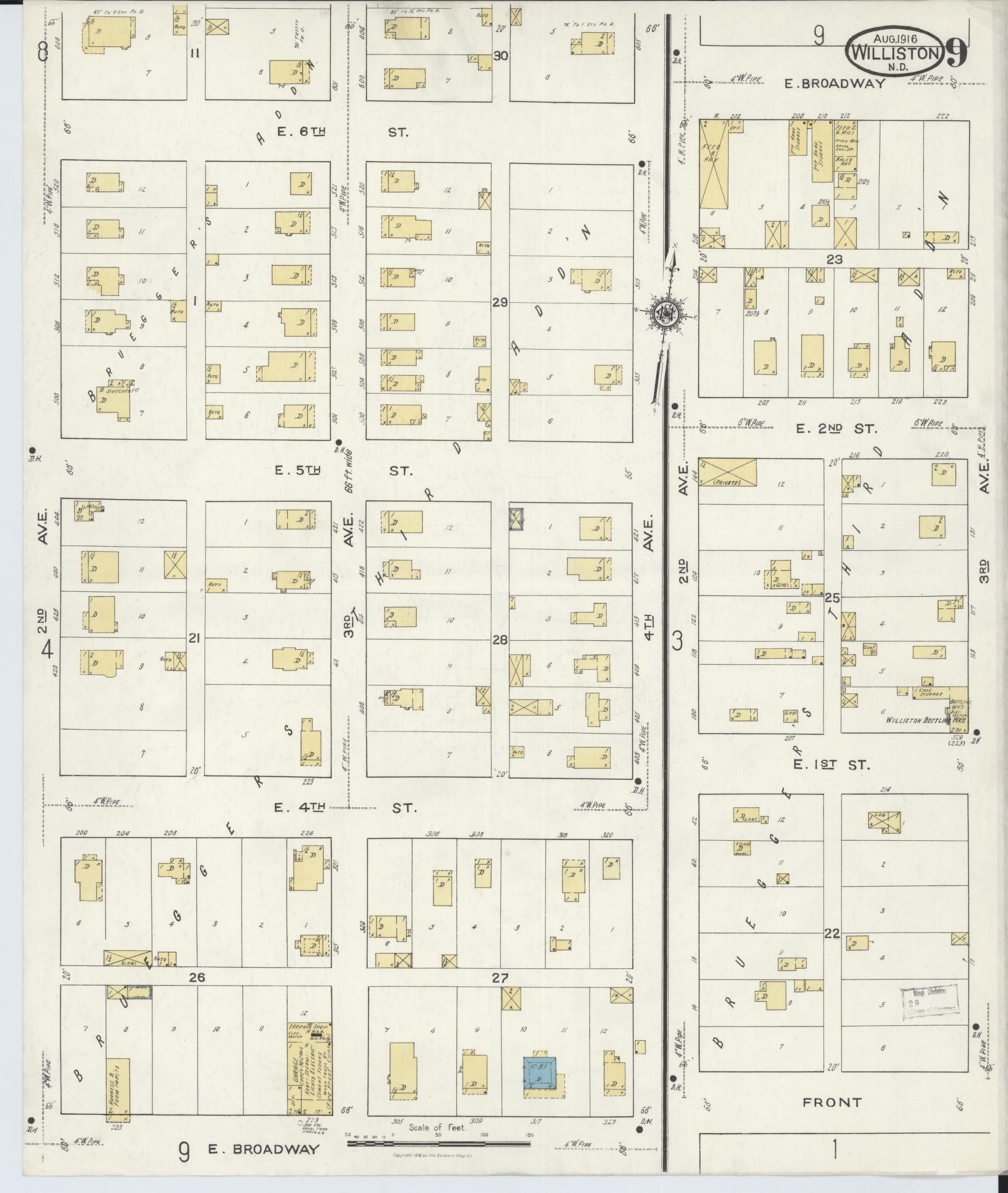 Sanborn Fire Insurance Map from Williston, Williams County, North Dakota (1916), Sheet #0009 - Complete Map Set gallery image, historic Sanborn map, vintage wall art, North Dakota North Dakota