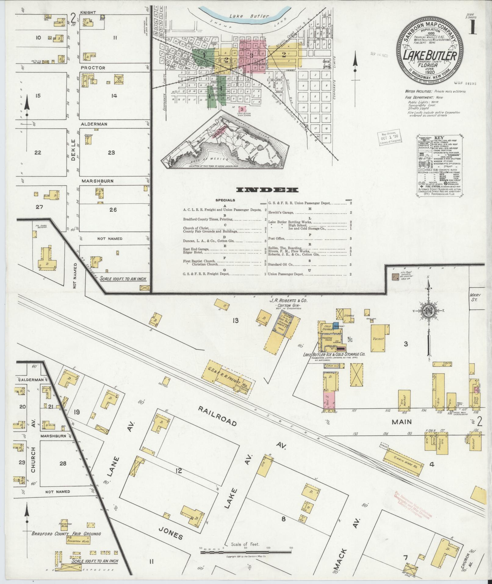 Sanborn Fire Insurance Map from Lake Butler, Union County, Florida (1920), Sheet #0001 - Complete Map Set gallery image, historic Sanborn map, vintage wall art, Florida Florida