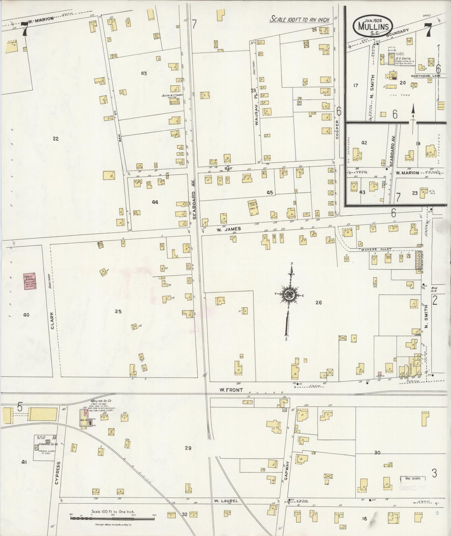 Sanborn Fire Insurance Map from Mullins, Marion County, South Carolina (1924), Sheet #0007 - Complete Map Set gallery image, historic Sanborn map, vintage wall art, South Carolina South Carolina