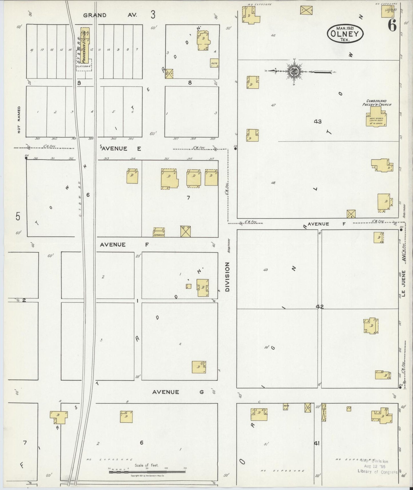 Sanborn Fire Insurance Map from Olney, Young County, Texas (1921), Sheet #0006 - Historic Sanborn Fire Insurance Map Print, vintage old map wall art, antique decor, genealogy gift, Texas Texas map