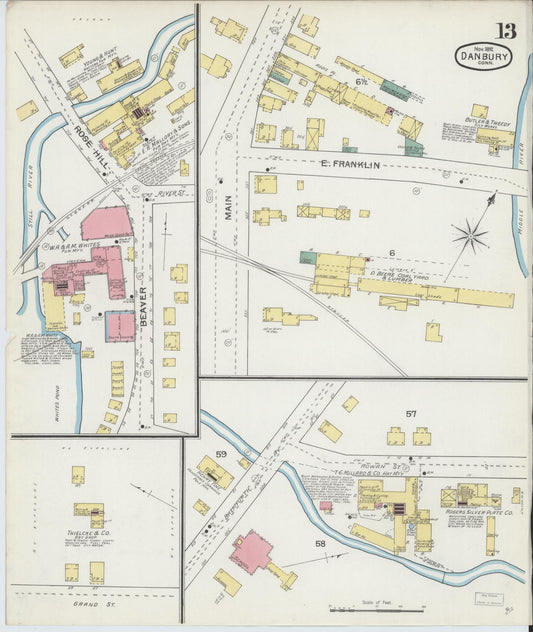 Sanborn Fire Insurance Map from Danbury, Fairfield County, Connecticut (1892), Sheet #0013 - Historic Sanborn Fire Insurance Map Print, vintage old map wall art, antique decor, genealogy gift, Connecticut Connecticut map