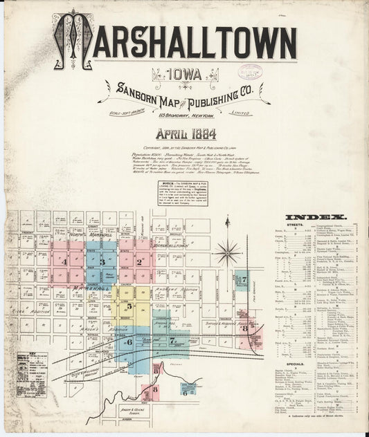 Sanborn Fire Insurance Map from Marshalltown, Marshall County, Iowa (1884), Sheet #0001 - Historic Sanborn Fire Insurance Map Print, vintage old map wall art