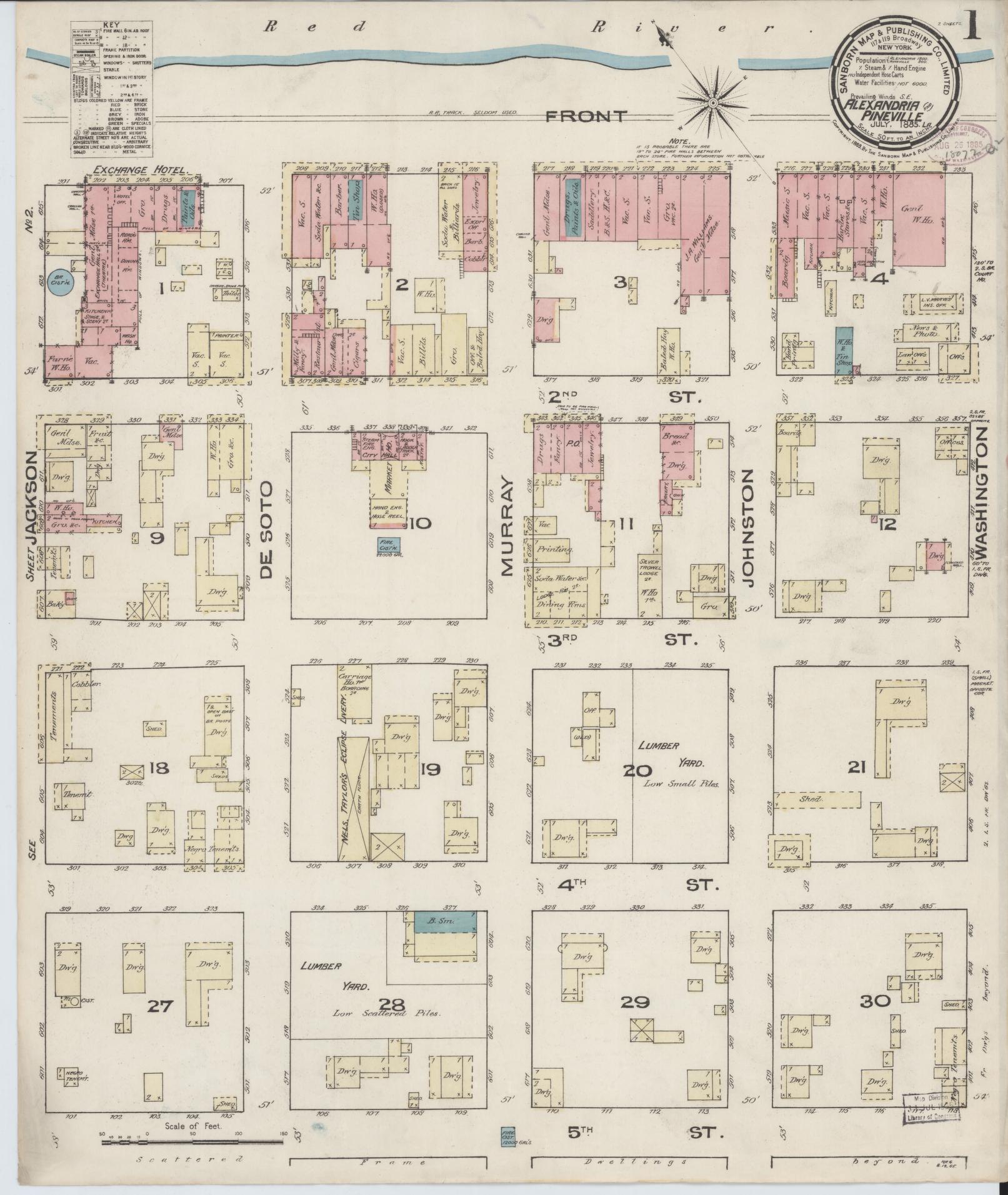 Sanborn Fire Insurance Map from Alexandria, Rapides Parish, Louisiana (1885), Sheet #0001 - Complete Map Set gallery image, historic Sanborn map, vintage wall art, Louisiana Louisiana