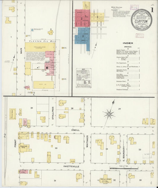 Sanborn Fire Insurance Map from Clayton, Johnston County, North Carolina (1909), Sheet #0001 - Complete Map Set gallery image, historic Sanborn map, vintage wall art, North Carolina North Carolina