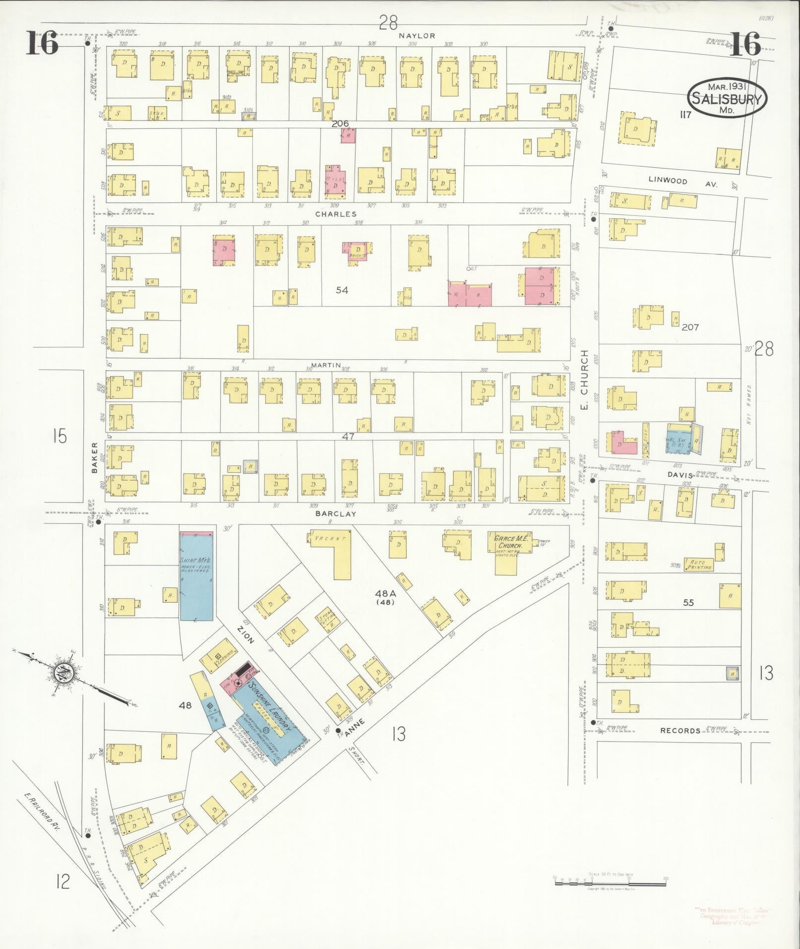 Sanborn Fire Insurance Map from Salisbury, Wicomico County, Maryland (1931), Sheet #0016 - Historic Sanborn Fire Insurance Map Print, vintage old map wall art
