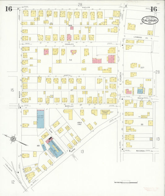 Sanborn Fire Insurance Map from Salisbury, Wicomico County, Maryland (1931), Sheet #0016 - Historic Sanborn Fire Insurance Map Print, vintage old map wall art