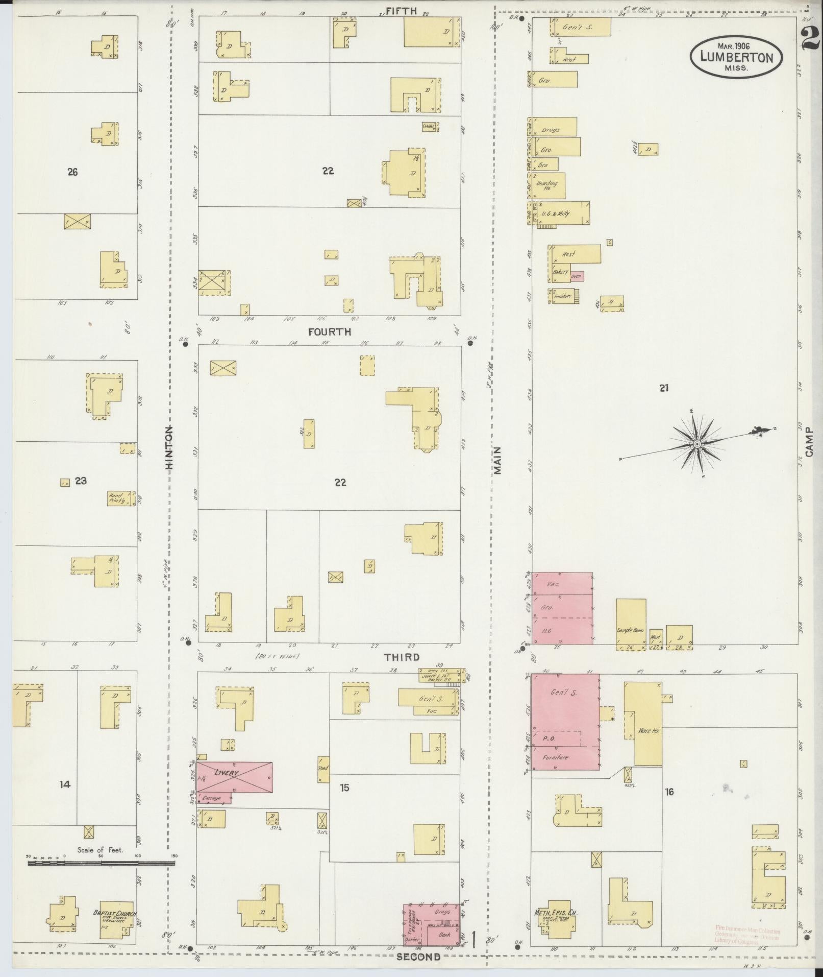Sanborn Fire Insurance Map from Lumberton, Lamar County, Mississippi (1906), Sheet #0002 - Complete Map Set gallery image, historic Sanborn map, vintage wall art, Mississippi Mississippi
