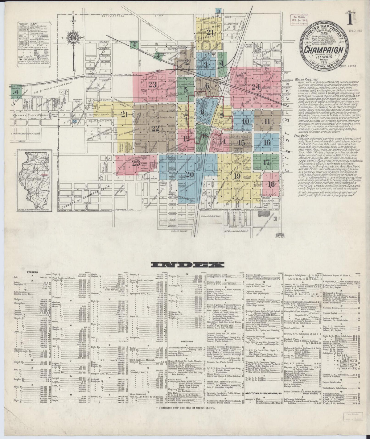 Sanborn Fire Insurance Map from Champaign, Champaign County, Illinois (1915), Sheet #0001 - Historic Sanborn Fire Insurance Map Print, vintage old map wall art, antique decor, genealogy gift, Illinois Illinois map