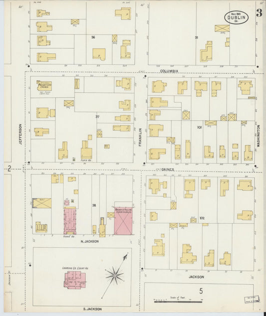 Sanborn Fire Insurance Map from Dublin, Laurens County, Georgia (1903), Sheet #0003 - Historic Sanborn Fire Insurance Map Print, vintage old map wall art, antique decor, genealogy gift, Georgia Georgia map